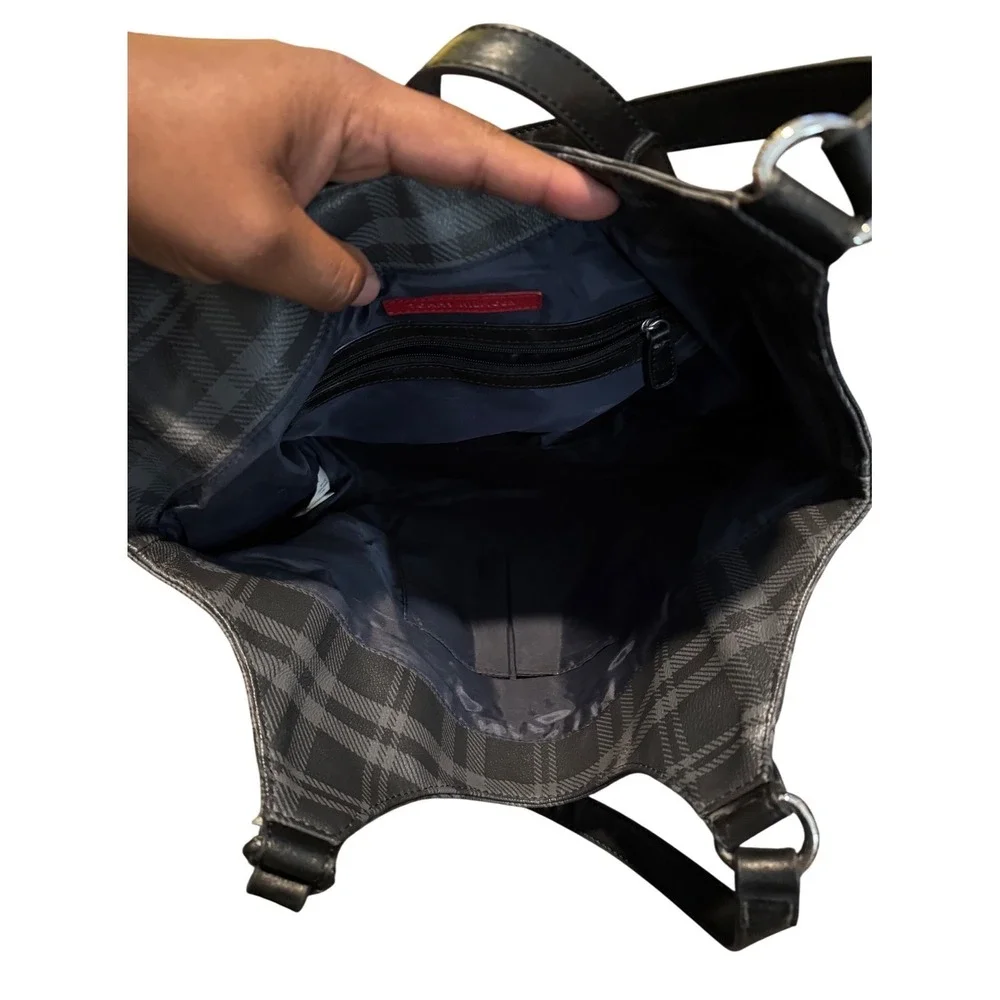 Tommy Hilfiger Plaid Hobo Shoulder Bag Black Gray Silver Buckle